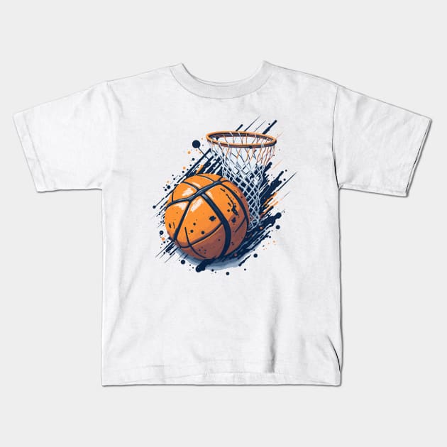 Basketball and basket with net Kids T-Shirt by jjmpubli